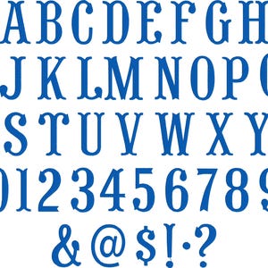 May include: A blue alphabet font with uppercase letters, numbers, and symbols including ampersand, at sign, dollar sign, exclamation point, and question mark.