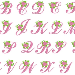May include: A pink alphabet with a floral design. Each letter is decorated with a pink rose and green leaves.