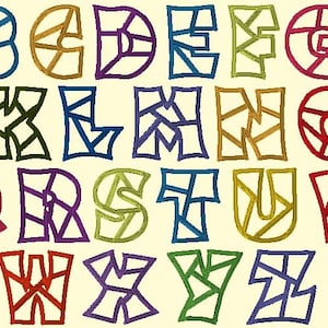 Könnte beinhalten: Ein farbenfrohes Alphabet, bei dem jeder Buchstabe aus einem geometrischen Muster aus Linien und Formen besteht. Die Buchstaben sind in verschiedenen Farben umrandet, darunter Rot, Blau, Grün, Lila und Gelb.