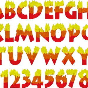 May include: A fiery alphabet and numbers with a yellow, orange, and red color scheme. The letters and numbers are stylized to look like flames.