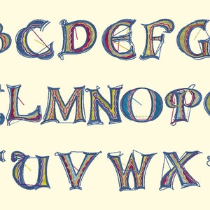 May include: A full alphabet in a decorative, stylized font. Each letter is outlined in black with blue, red, and yellow interior details. The letters are arranged in three rows on a cream-colored background.