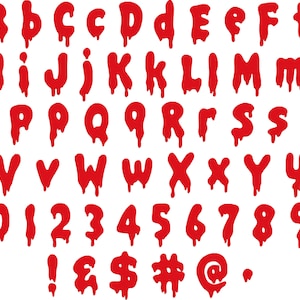 May include: A complete set of uppercase and lowercase letters, numbers zero through nine, and symbols including an exclamation point, ampersand, dollar sign, hash, at symbol, and period, all rendered in a bright red, dripping liquid font style.