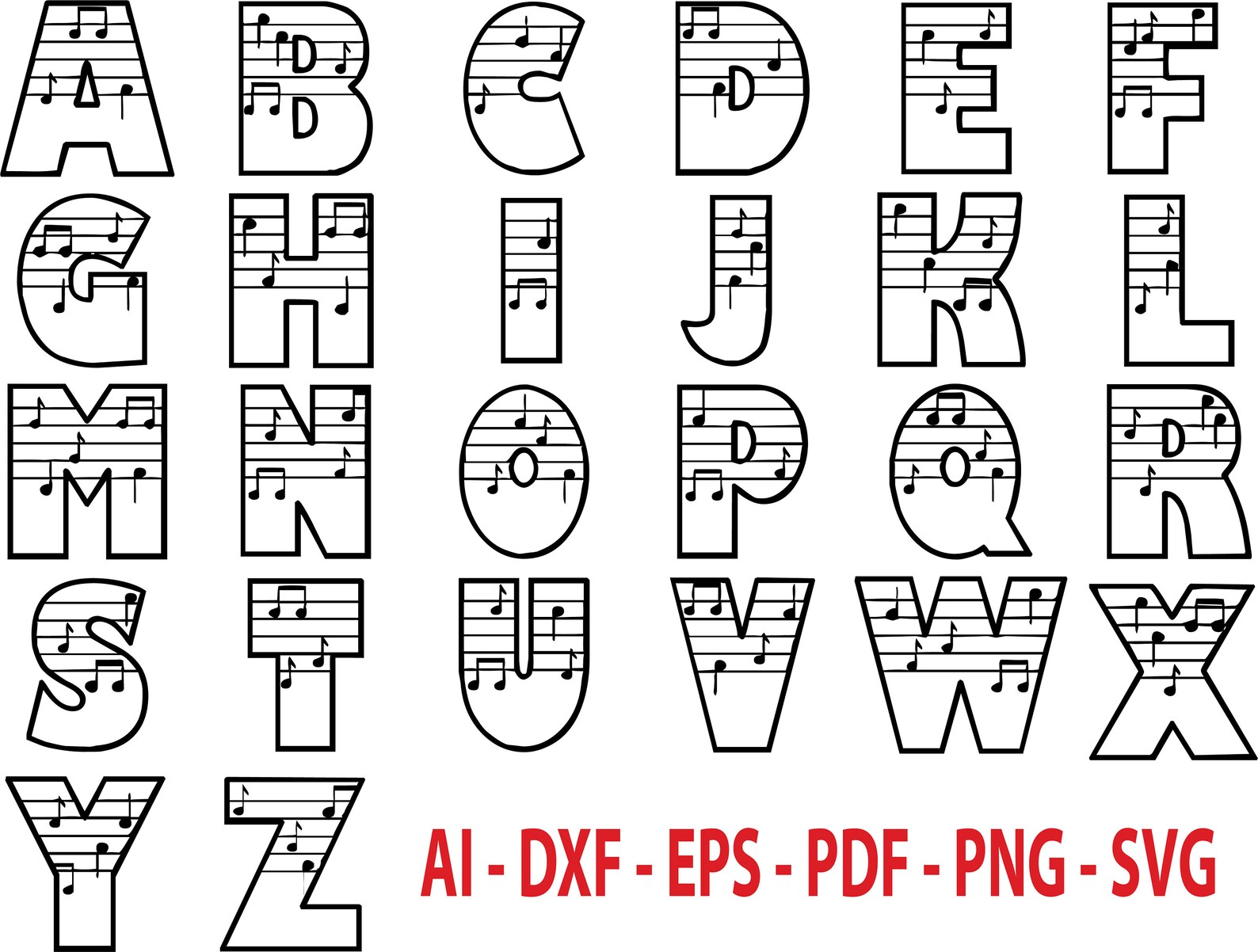 Music Notes Alphabet Font Graphics Files for CRICUT SILHOUETTE Etsy