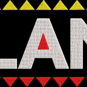 Può includere: Testo bianco su sfondo nero che recita "MELANIN" con un cerchio giallo sopra la "I". Il testo è circondato da un bordo di triangoli gialli nella parte superiore e triangoli rossi nella parte inferiore.