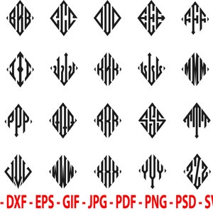 May include: A set of 26 monogram designs in a diamond shape. Each design features a different letter of the alphabet, with the letter repeated three times.