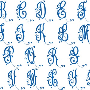 May include: A set of 26 blue cursive letters with decorative flourishes. Each letter is individually framed with a swirl design.