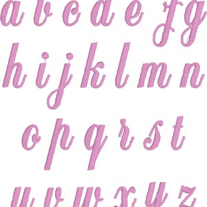May include: A complete alphabet in lowercase letters, embroidered in a soft pink color. The letters are in a cursive font, with a textured, stitched appearance. The letters are arranged in rows, from a to z.