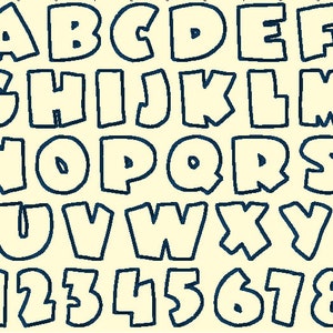 May include: A full alphabet and number set in a playful, bubble-style font. The letters and numbers are outlined in dark blue against a light yellow background, creating a bold and eye-catching design. Perfect for educational materials or creative projects.