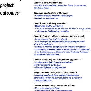 May include: A white informational document titled Tips for successful embroidery project outcomes, featuring black text headers and blue bulleted lists detailing machine tension, thread types, needle selection, stabilizer, hooping, and maintenance.