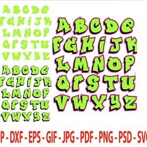 May include: A set of uppercase letters in a bold, cartoon-style font. The letters are green with a pink outline. The letters are arranged in two rows, with the first row containing the letters A through J and the second row containing the letters K through Z.