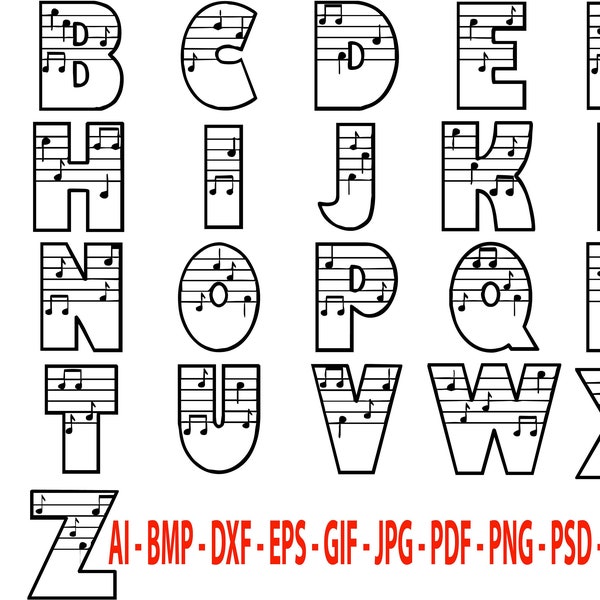 Music Notes alphabet graphics files for CRICUT SILHOUETTE Cameo cutters