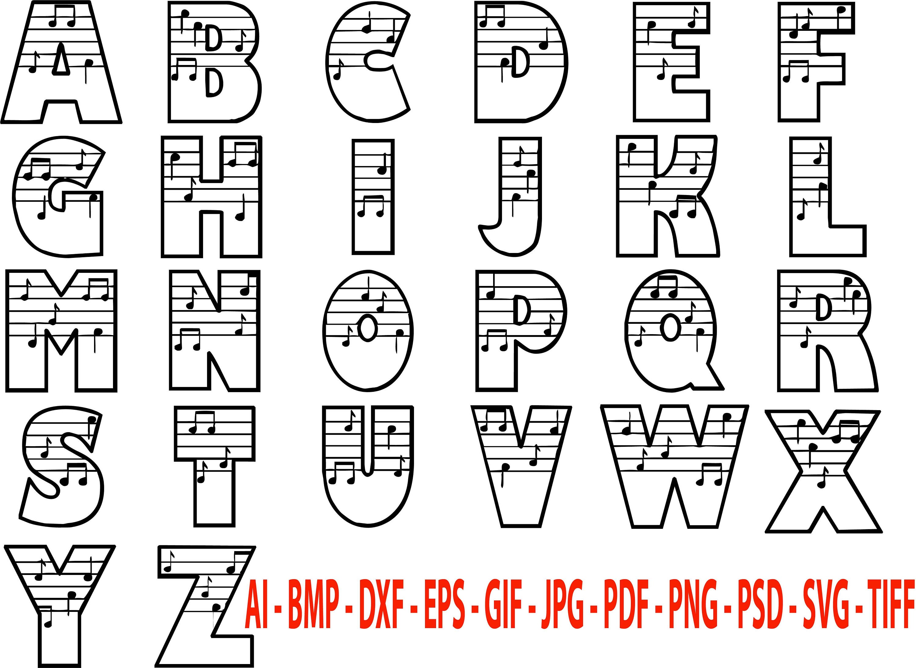 Music Notes Alphabet Graphics Files for CRICUT SILHOUETTE - Etsy