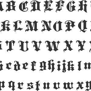 May include: Blackletter font alphabet in uppercase and lowercase letters. The letters are in a gothic style, with ornate serifs and thick strokes. The letters are arranged in rows, with the uppercase letters at the top and the lowercase letters at the bottom.