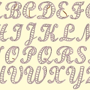 Könnte beinhalten: Ein Alphabet in einer kursiven Schriftart, wobei jeder Buchstabe aus einer Reihe kleiner Quadrate besteht, die an eine Leiter erinnern.