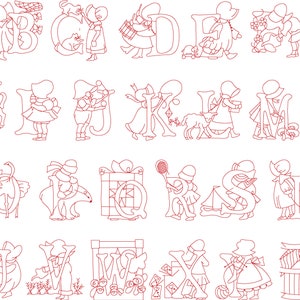 May include: Red line drawing of the alphabet with each letter illustrated with a child and a small object. The letters are A through Z.