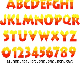 Pode incluir: Um conjunto completo de alfabeto e números em uma fonte flamejante. Cada letra e número é vermelho, laranja e amarelo, assemelhando-se a chamas. A imagem também inclui opções de tipo de arquivo: AI, DXF, EPS, JPG, PDF, PNG, PSD e SVG.