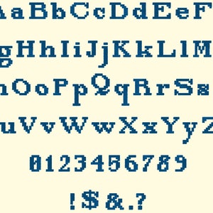 May include: A complete set of dark blue pixelated characters displayed on a light cream background. The set includes uppercase and lowercase letters from A to Z, the numbers 0 through 9, and the symbols exclamation mark, dollar sign, ampersand, full stop, and question mark.