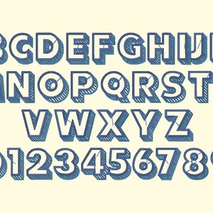 May include: A blue and white alphabet and number font with a 3D effect. The letters and numbers are outlined in blue and have a white interior.