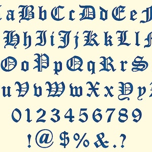May include: A blue alphabet in a traditional old English font style. The alphabet includes uppercase and lowercase letters, numbers 0-9, and punctuation marks. The letters are set against a cream-colored background.