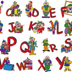 May include: A vibrant alphabet featuring clown illustrations. Each letter is paired with a clown in a colourful costume. The letters are red with a black outline, and the clowns are depicted in various poses and acts.