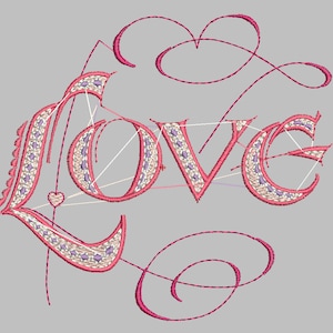 May include: An embroidered design featuring the word "LOVE" in a decorative, stylized font. The letters are primarily pink with intricate detailing in white and lavender. A heart shape and flourishes complement the word against a gray background.