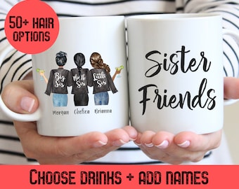 Sister Gift Coffee Mug, Three Friends Personalized Cup Holiday Gifts for Girls