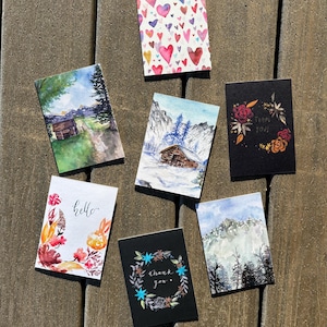 Tarjetas de felicitación de bellas artes en acuarela / Tarjeta en blanco de agradecimiento, bienvenida, hola invierno