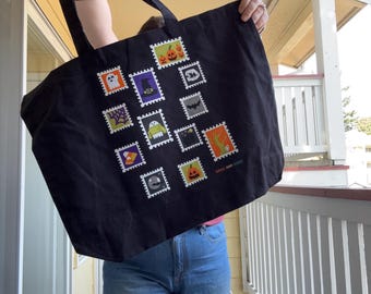 Spooky Stamps Halloween Tote Bag | Reusable Black Cotton Canvas