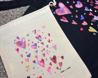 Love Hearts Watercolor Printed Drawstring Bag | Crafting Tote | Eco Shopping Bag