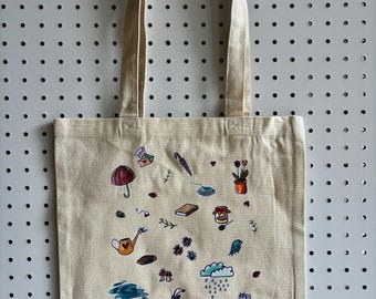 Cottagecore Spring Tote Bag | Hand-Drawn Garden, Rain, Tea Icons, 100% Cotton Canvas Shopper