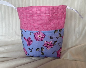 Blue Pink Floral Petunia Knitting Crochet Project Bag | Work in Progress drawstring project bag | Bag for knitting crocheting