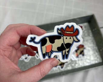 Cowboy Cow Sticker | Hand Drawn Farm Animal, Blue Outline