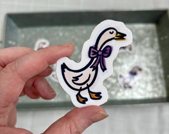 Hand-Drawn Goose Sticker with Purple Bow | Cottagecore Spring Art