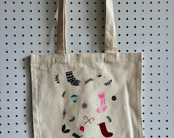 Canvas Tote Bag | Mid-Century Christmas Stocking Design, Holly, Candy Canes