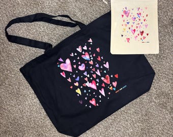 Watercolor Hearts Tote Bag | Handmade Reusable Grocery Bag