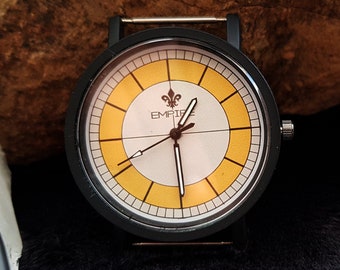 Caja de reloj - Cuarzo, estilo Moderno, esfera blanca y Amarillo, nuevo, color negro, bricolaje, Reloj de pulsera sin correa DIY