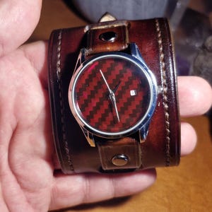 Handcrafted Leather Steampunk Wristwatch, Leather Cuff Watch, my creation of a handmade leather strap with a handmade Red Carbon Holo dial.