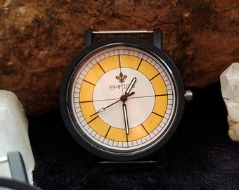 Caja de reloj - Cuarzo, estilo Moderno, esfera blanca y Amarillo, nuevo, color negro, bricolaje, Reloj de pulsera sin correa DIY