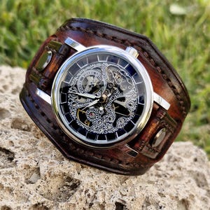 One of a Kind, Steampunk Leather Watch, Mechanical Skeleton, Made of High-Quality Vegetable-Tanned Leather, Hand-Dyed, Stitched and Engraved
