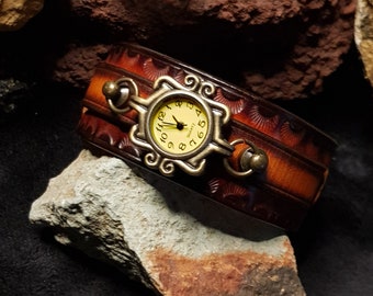 Ladies Watch, Handcrafted Leather Steampunk Wristwatch, Leather Cuff Watch,  Made with high quality vegetable tanned leather M003