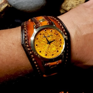 Handmade leather cuff watch with holographic dial, steampunk watch, vintage leather watch, unisex gift
