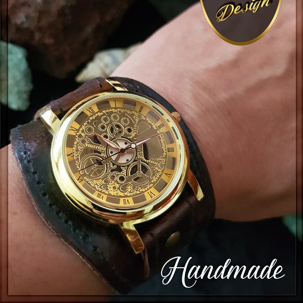 Handcrafted Leather Steampunk Wristwatch, Leather Cuff Watch,  Made with meticulous care and high quality vegetable tanned leather