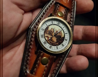 Reloj de pulsera Steampunk hecho a mano de cuero. Fabricado con amor por los detalles y cuero de alta calidad curtido de forma vegetal.