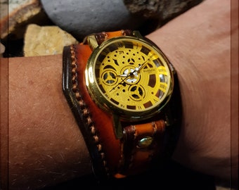 Reloj de pulsera Steampunk hecho a mano de cuero. Fabricado con amor por los detalles y cuero de alta calidad curtido de forma vegetal.