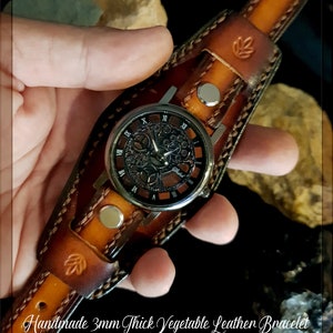Leather cuff watch with skeleton design, handmade watch strap, steampunk watch, vintage brown leather watch