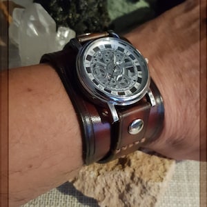 Handcrafted Leather Steampunk "Skeleton"  Wristwatch, Leather Cuff Watch,Made with meticulous care and high quality vegetable tanned leather