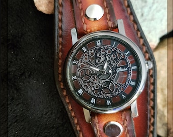 Orologio da polso in pelle, orologio da polso steampunk, orologio da polso, eleganza vintage senza tempo, orologio con accattivante design scheletrato