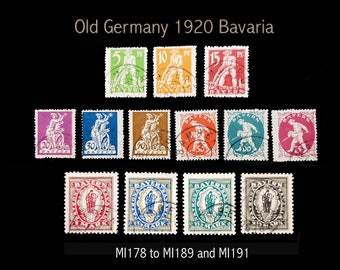 May include: A collection of twelve vintage postage stamps from 1920 Bavaria, Old Germany. The stamps feature various denominations and colors, including green, orange, red, purple, blue, brown, and black, with text reading Old Germany 1920 Bavaria.