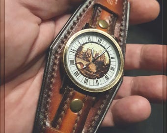 Leather cuff watch with custom dial design, handmade leather strap, vintage steampunk watch, exclusive dial design created by me.