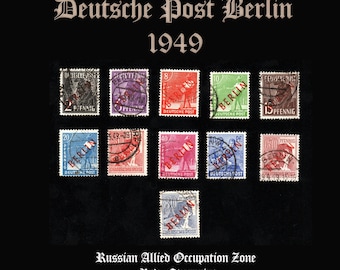 May include: A collection of eleven postage stamps from 1949 labeled Deutsche Post Berlin. The stamps feature various denominations and colors, each marked with a red overprint reading BERLIN. The text Deutsche Post Berlin 1949 and Russian Allied Occupation Zone Red Overprint is displayed.